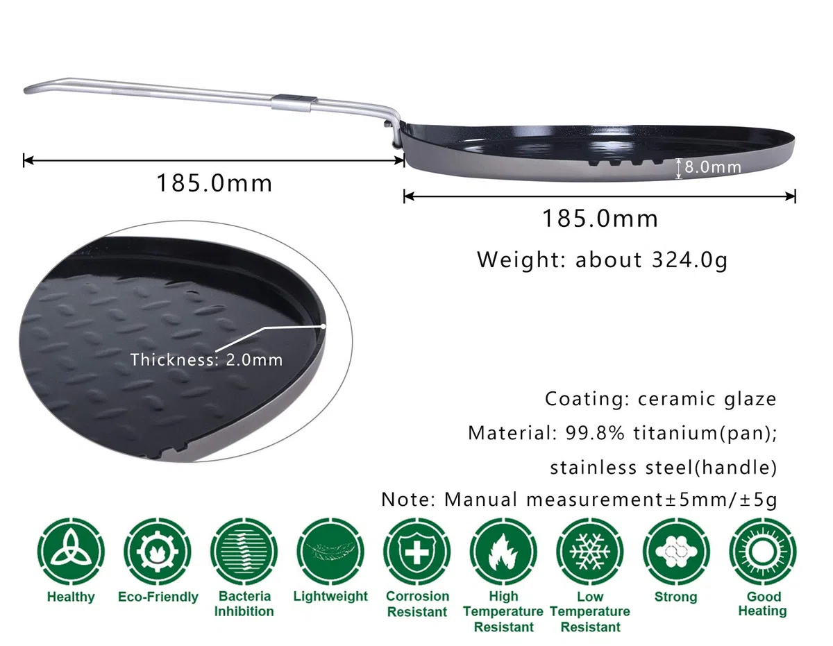 Boundless Voyage Titan Antihaftpfanne Titan Bratpfannenplatte Teller mit Klappgriff für Outdoor-Camping Picknick Wandern Ti15168B