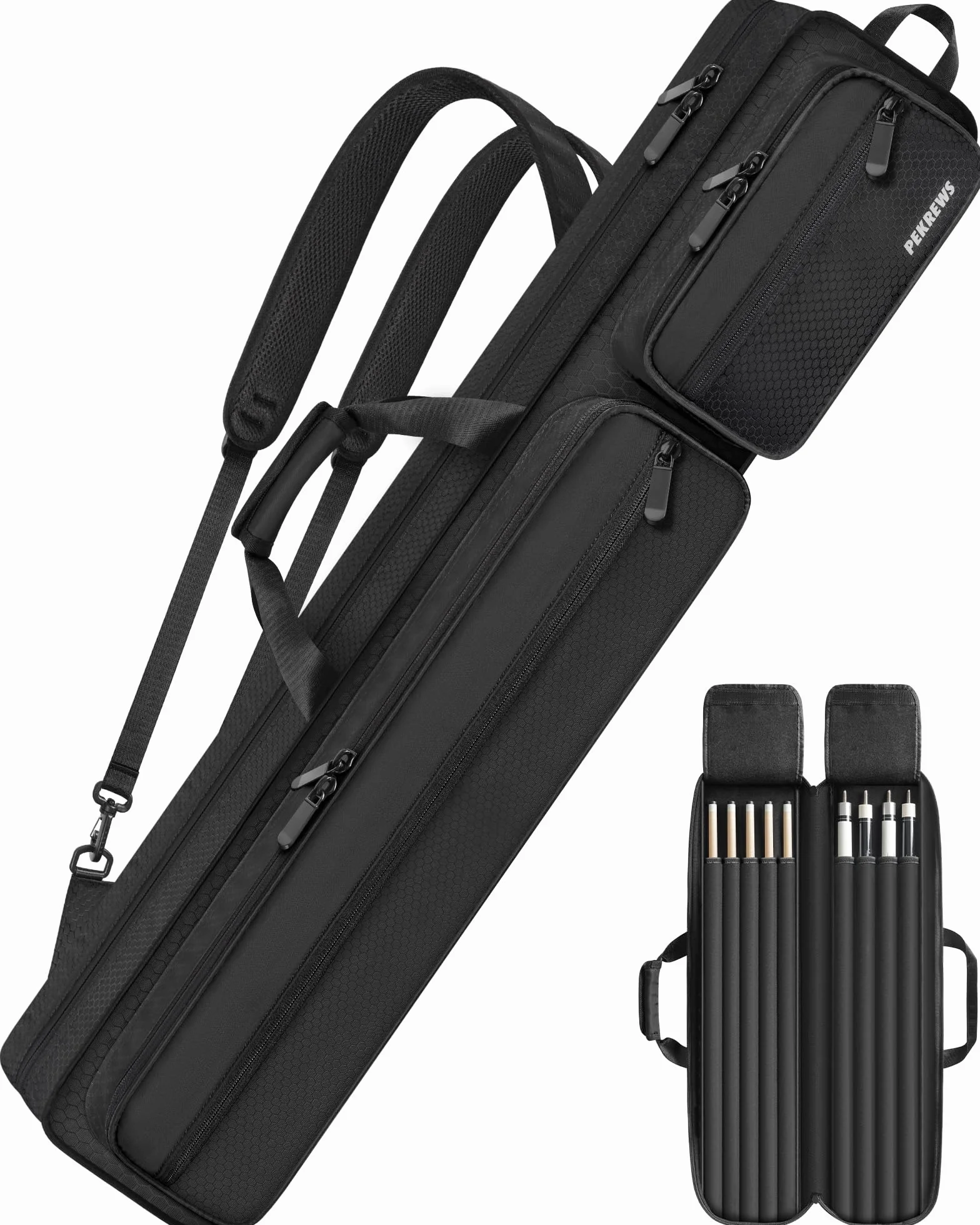 PEKREWS Billard Queue Tasche, Pool Cue Bag 4×5 für 4 Unterteile und 5 Schäfte mit Reißverschlusstasche, Schultergurt und Tragegriff, Weiche Tragetasche für 1/2 Billard Stick für Damen und Herren