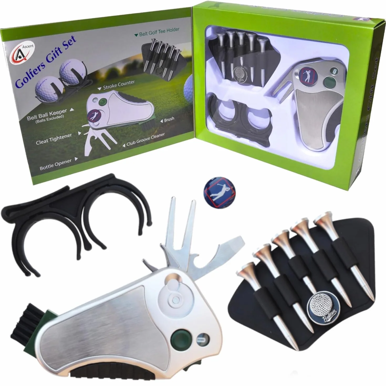 Golfer 's Best Golf Geschenk Set: Werkzeug Reparatur - Stroke Zähler, Pitchgabel, Klampe Spanner, Club Groove Cleaner Gürtel Teehalter Tees Gürtel Ballhalter - Geschenkidee für Männer