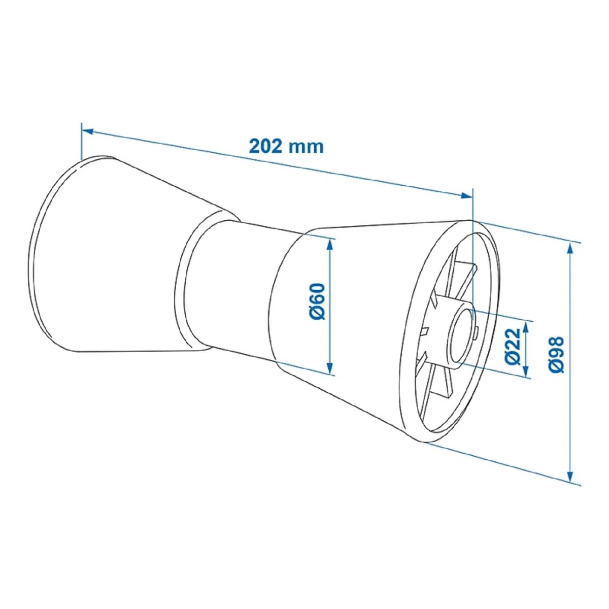 Preiswert&Gut 4 x Kielrollen – 200mm Länge, Ø 98-68mm – Rollen für Bootstrailer aus Polyethylen – Hochwertiges Bootszubehör & Boot Trailer Zubehör in Blau