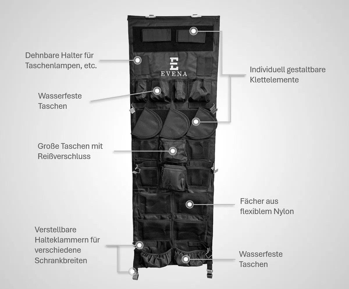Tür-Organizer Panel für Safe und Schrank - Verstellbar verstellbar 120 x 40 cm - Robuste und anspassbare Aufbewahrung für Outdoor Ausrüstung Zubehör und Tools
