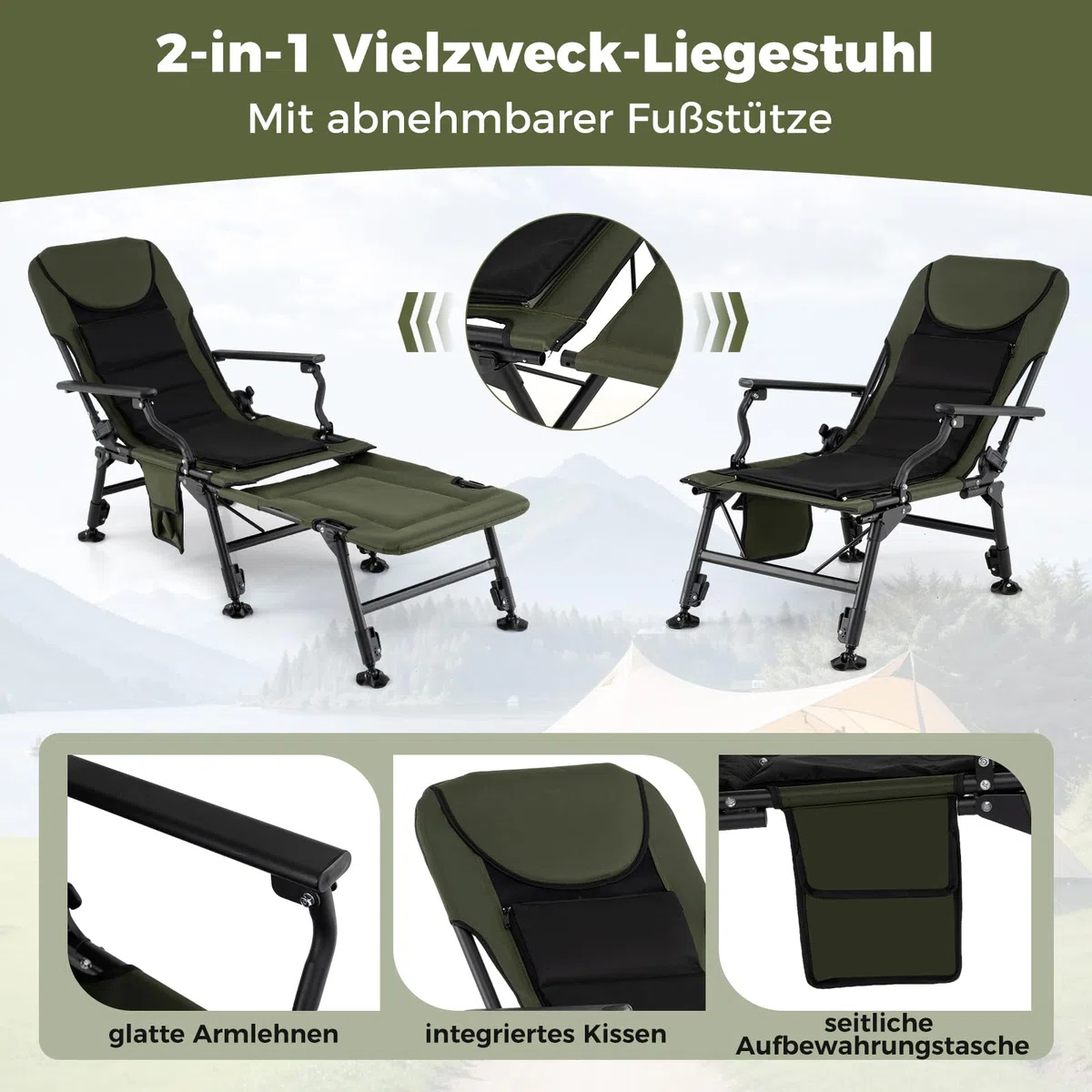 COSTWAY Angelstuhl mit Abnehmbarer Fußablage, Campingstuhl mit Verstellbarer Rückenlehne & gepolsterter Hochlehne, Karpfenstuhl höhenverstellbar, Faltbarer Fischerstuhl für Camping, Angeln, Zelten