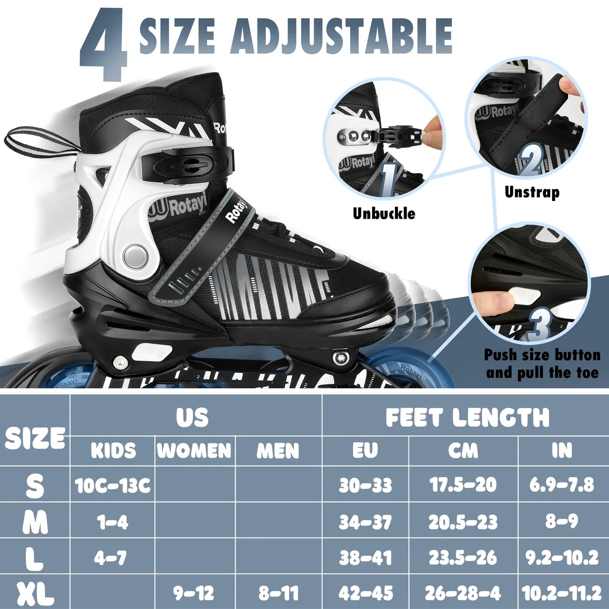 TaroKitc Inliner für Kinder Jugendliche und Damen/Herren, 4 Größen Verstellbare Inline Skates für Mädchen Jungen, Jugendliche Anfänger Inline Rollschuhe in den Größen 30–45
