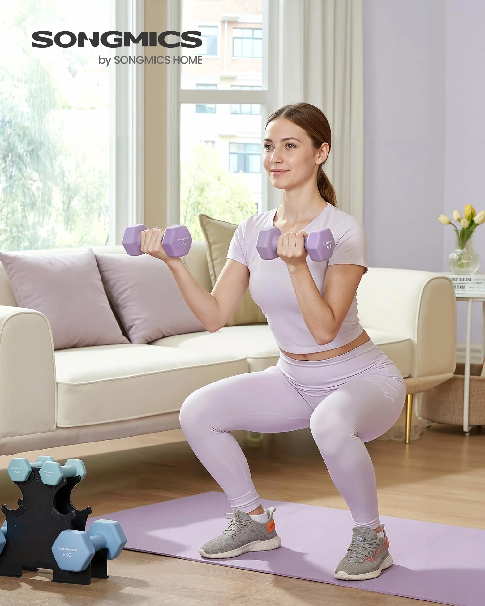 SONGMICS Kurzhantel Set, Hexagon, mit Hantelständer, 2 x 1 kg, 2 x 3 kg, 2 x 5 kg, mattes Finish, Neopren-Beschichtung, Krafttraining, zu Hause