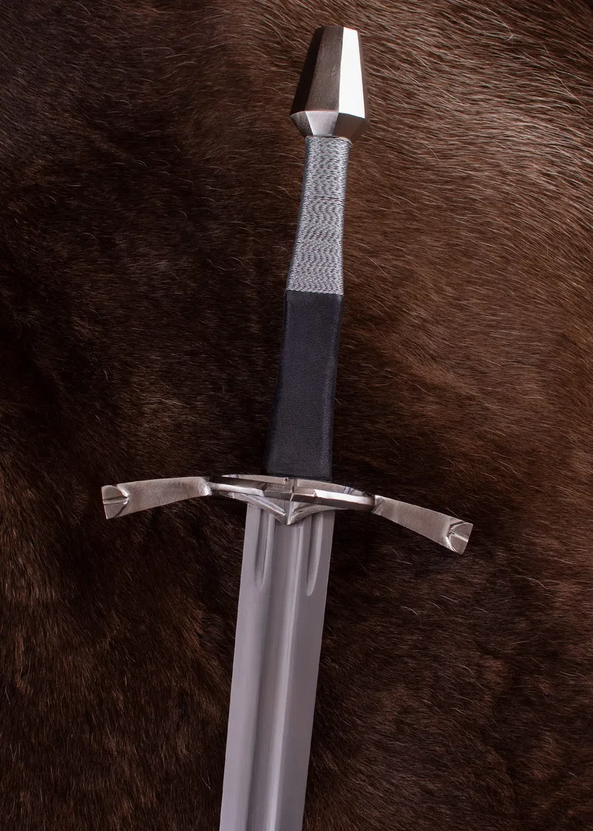 Battle-Merchant Langschwert mit Parierring, inklusive Scheide | EN45 Federstahl, Schwert Replik ca. 15. Jh., Mittelalter, Zweihänder, Sammlerstück & Dekoration, ab 18