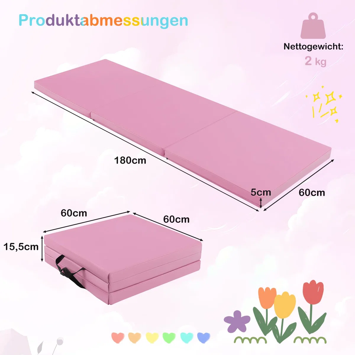 GOPLUS Weichbodenmatte, 180 x 60 x 5 cm Turnmatte rutschfest mit Klettverschlüssen & Tragegriffen, Gymnastikmatte klappbar aus Kunstleder, Turnmatte zum Trainieren von Gymnastik & Yoga