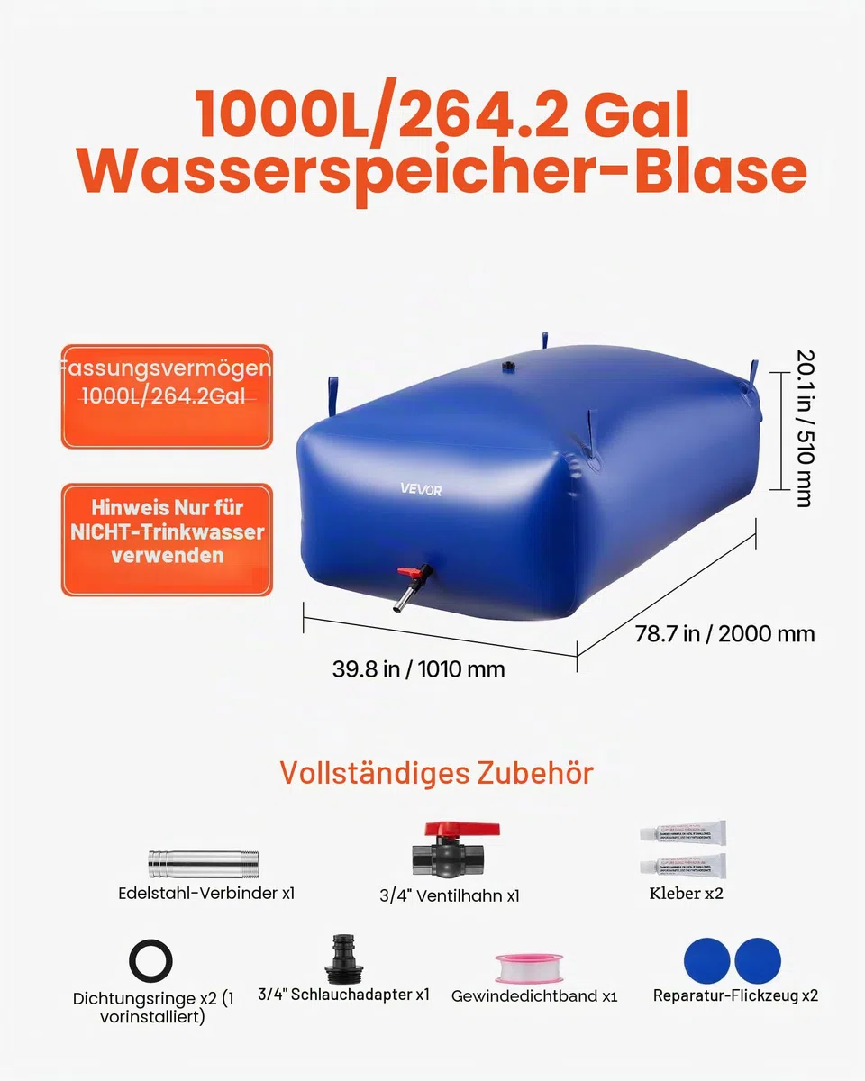 VEVOR Wasserspeicherblase, 1000 L PVC-Weichwasserbeutel, Wasserspeicherbehälter, auslaufsicherer & verschleißfester Wassertank für die Outdoor-Bewässerung von Wohnmobil, Camping, Notfall