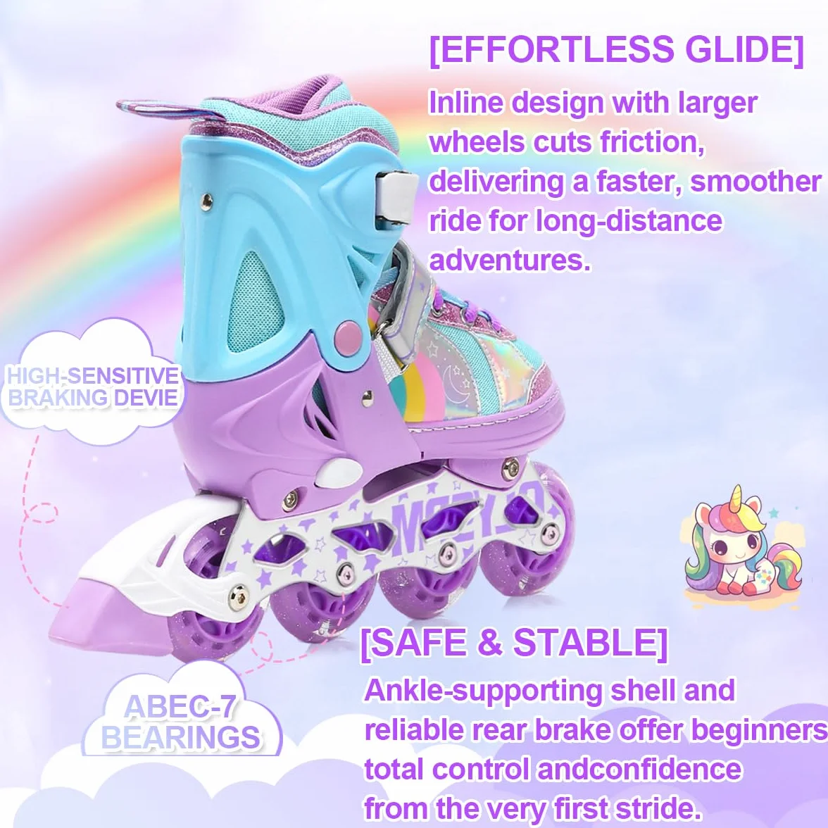 Inliner Kinder für Mädchen und Jungen,Regenbogen-Design,Rollschuhe Kinder in 4 Größen für Drinnen und Draußen