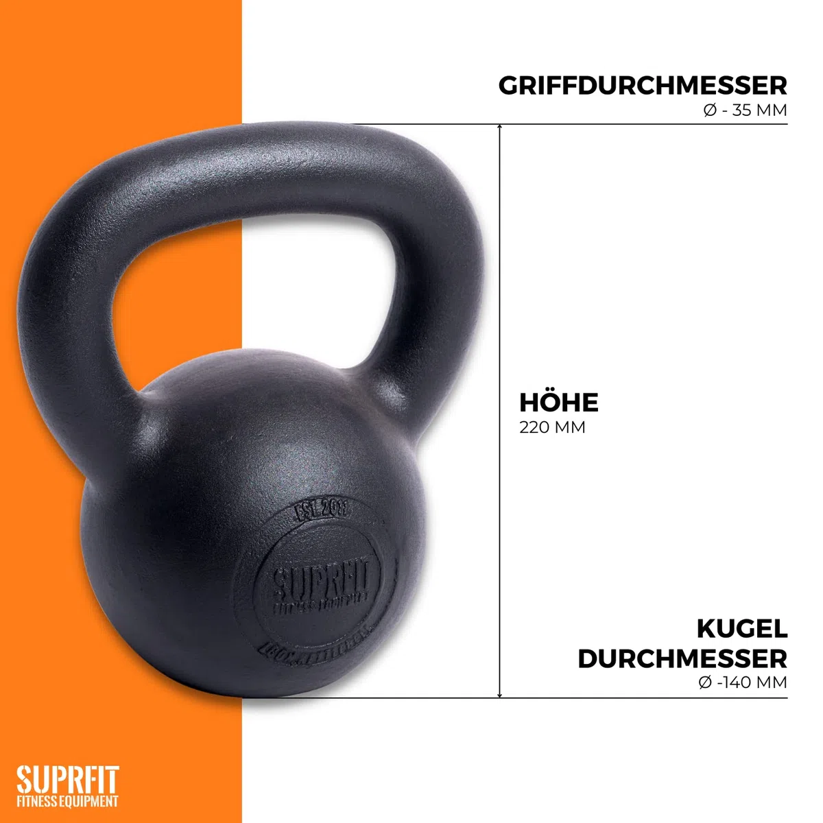 SUPRFIT Econ Kettlebells - Pulverbeschichtete Kugelhantel aus Gusseisen für Kraft- & Crosstraining - Ideal zum Reißen, Stoßen & Drücken, Perfekt als Kettlebell Set, Gewicht: 4-48kg, Schwarz lackiert