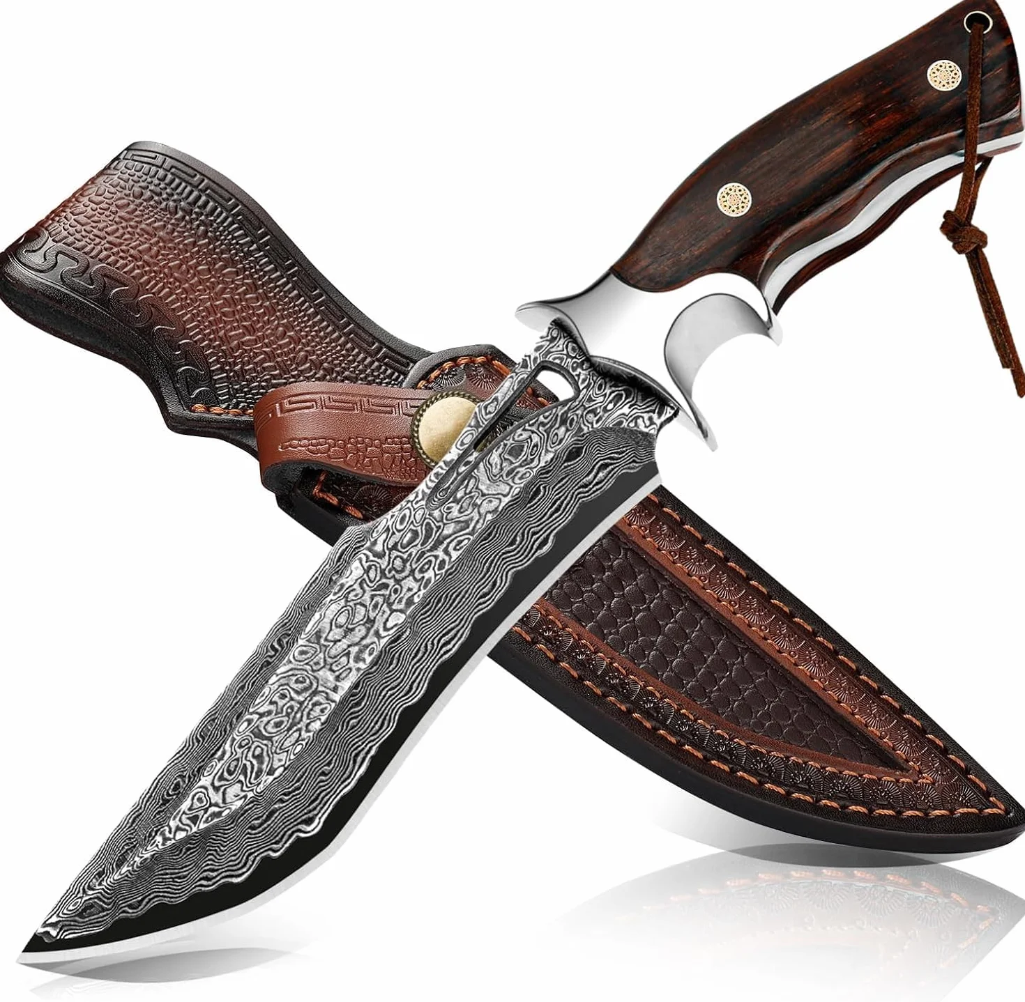 Damast Jagdmesser 26,4 cm, VG10 Feststehendes Bowie Survivalmesser | 67-lagiger Handgefertigter Damaszenerstahl mit Holzgriff und Echtlederscheide für Outdoor Bushcraft