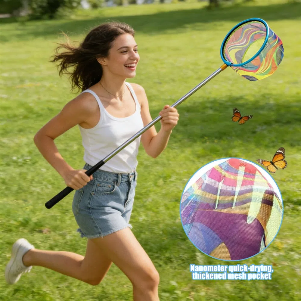 Teleskop Kescher Kinder, Schmetterlingsnetz mit Teleskopstange 66-173 cm Klein Fangnetz Outdoor, Angel Kescher für Kinder Mit Faltbarer Eimer für Insekten Fische Angeln Outdoor Strand Teich