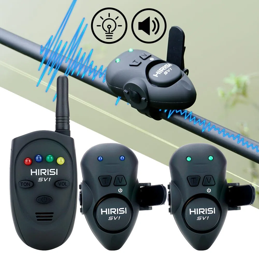 Hirisi Tackle Karpfen-Bissanzeiger mit Fernbedienung – Angelalarm für die Rute mit Einstellbarer Lautstärke und Signalton – Kompakt, leicht & wasserdicht Vibrations-Bissanzeiger für Angelruten