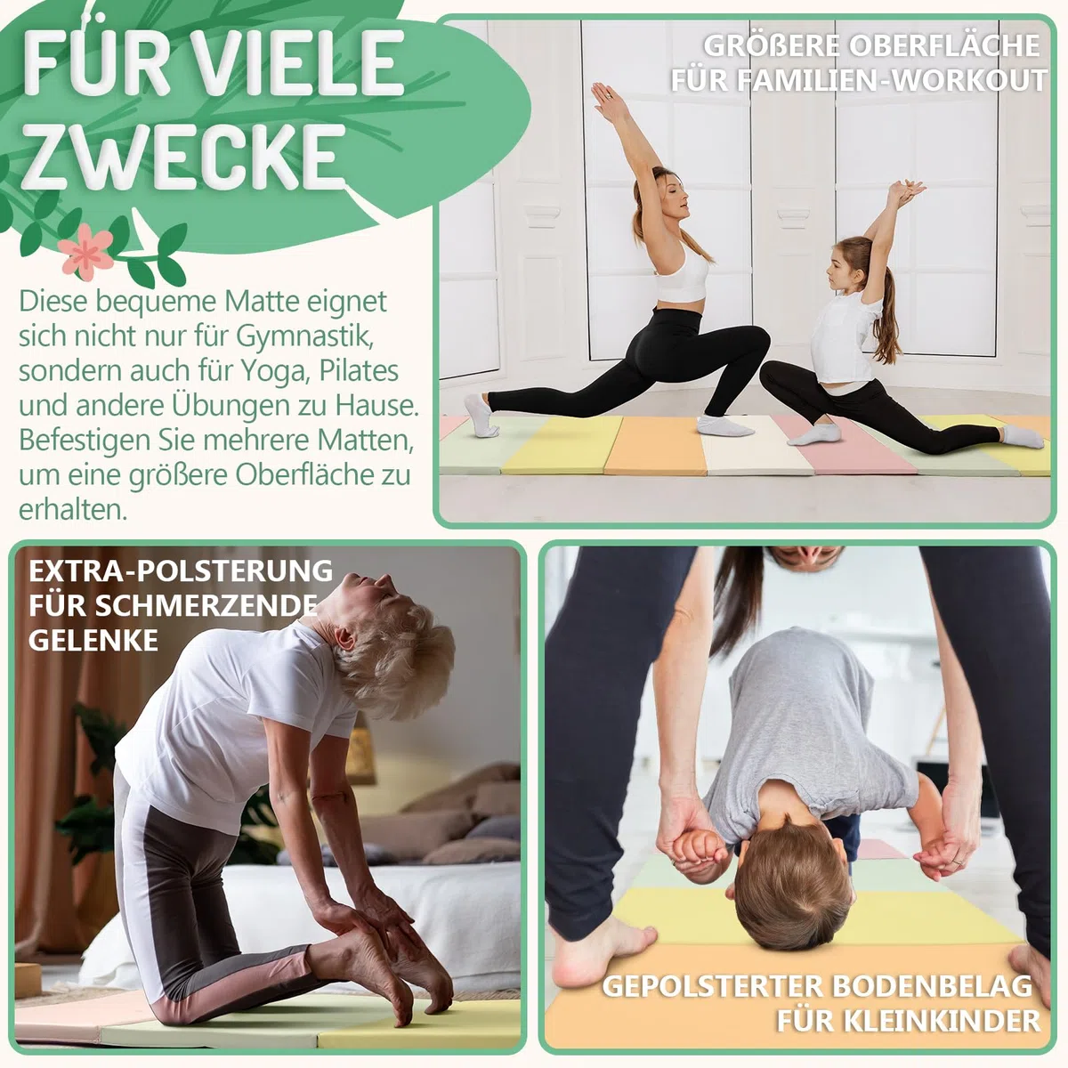 PhysKcal 195 x 75 x 3 cm Klappbare Weichbodenmatte Turnmatte Fitnessmatte Gymnastikmatte mit Tragegriffen, Sportmatte Spielmatte, Tumbling-Matte für Kinder, Polsterung für Activity Play