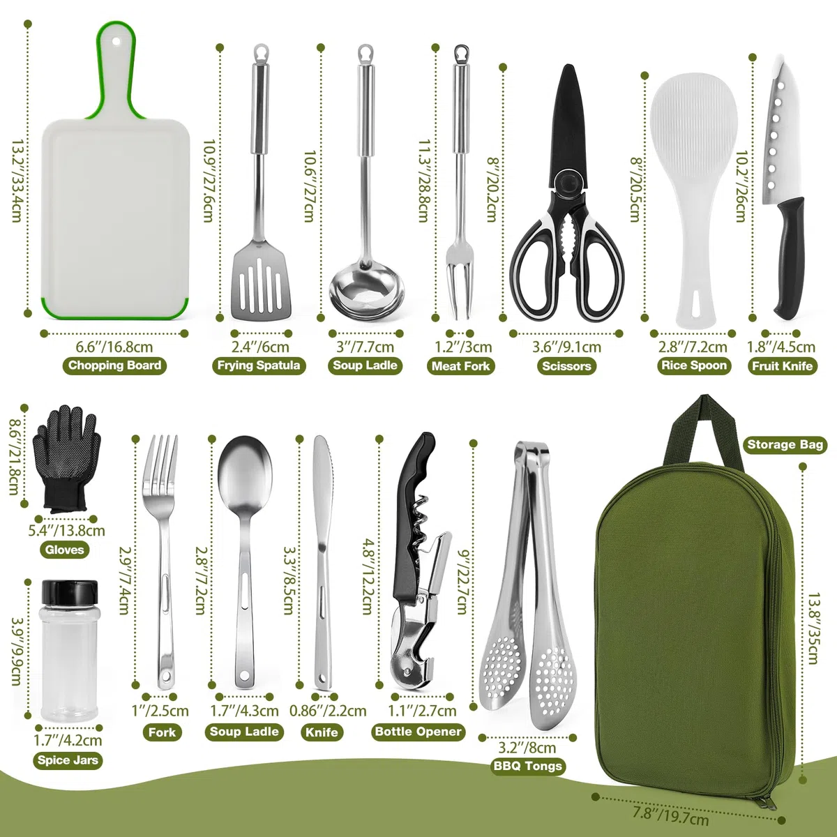 Onlyfire 16-Teiliges Camping Kitchen Utensils, Camping-Kochutensilien-Set mit Aufbewahrungstasche, Outdoor Camping-Essentials für Camping, Reisen, Picknick