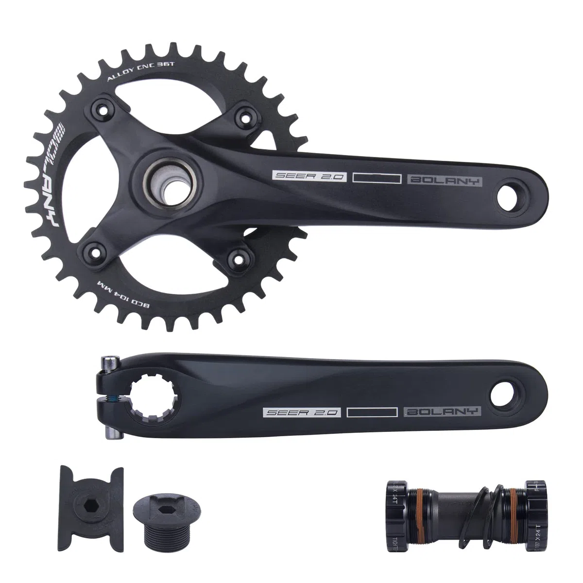 BOLANY Fahrrad Kurbelgarnitur 170mm kurbel 104BCD Hollowtech-Kurbelgarnitur 1 Fach Einzelspeed-Rundkettenblatt 34T/36T Zähne MTB Kurbelsatz mit Tretlager
