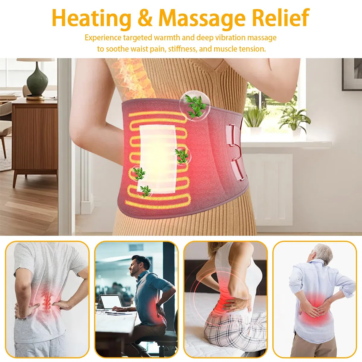 Heizgürtel Vibrationsmassage mit 3 Heizstufen und 3 Massagemodi, Kabelloser Elektrischer Heizgürtel Rücken Wärmer mit Verstellbarem Spannungsband und Automatischer Abschaltung (110 * 22 cm)