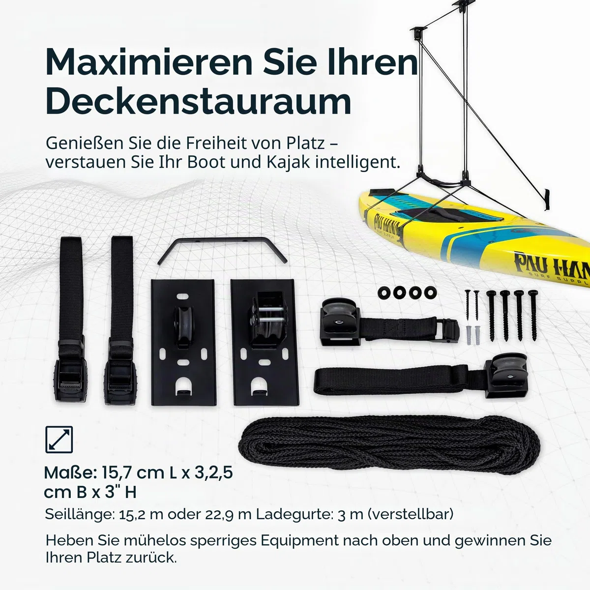 StoreYourBoard Kajak- und Kanu-Decken-Flaschenzugsystem, Garagenhalterung, Lagerheber, strapazierfähig, hält 68 kg, Indoor-Organizer