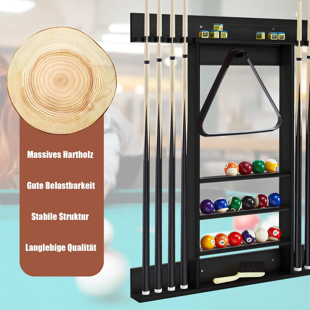 GYMAX Billard Queue Halter für 8 Queues & Billardzubehör, Wandmontierter Queueständer, Billard Queue Halterung aus Kiefernholz, für Billardzimmer & Club, 79 x 8 x 91 cm (Schwarz)
