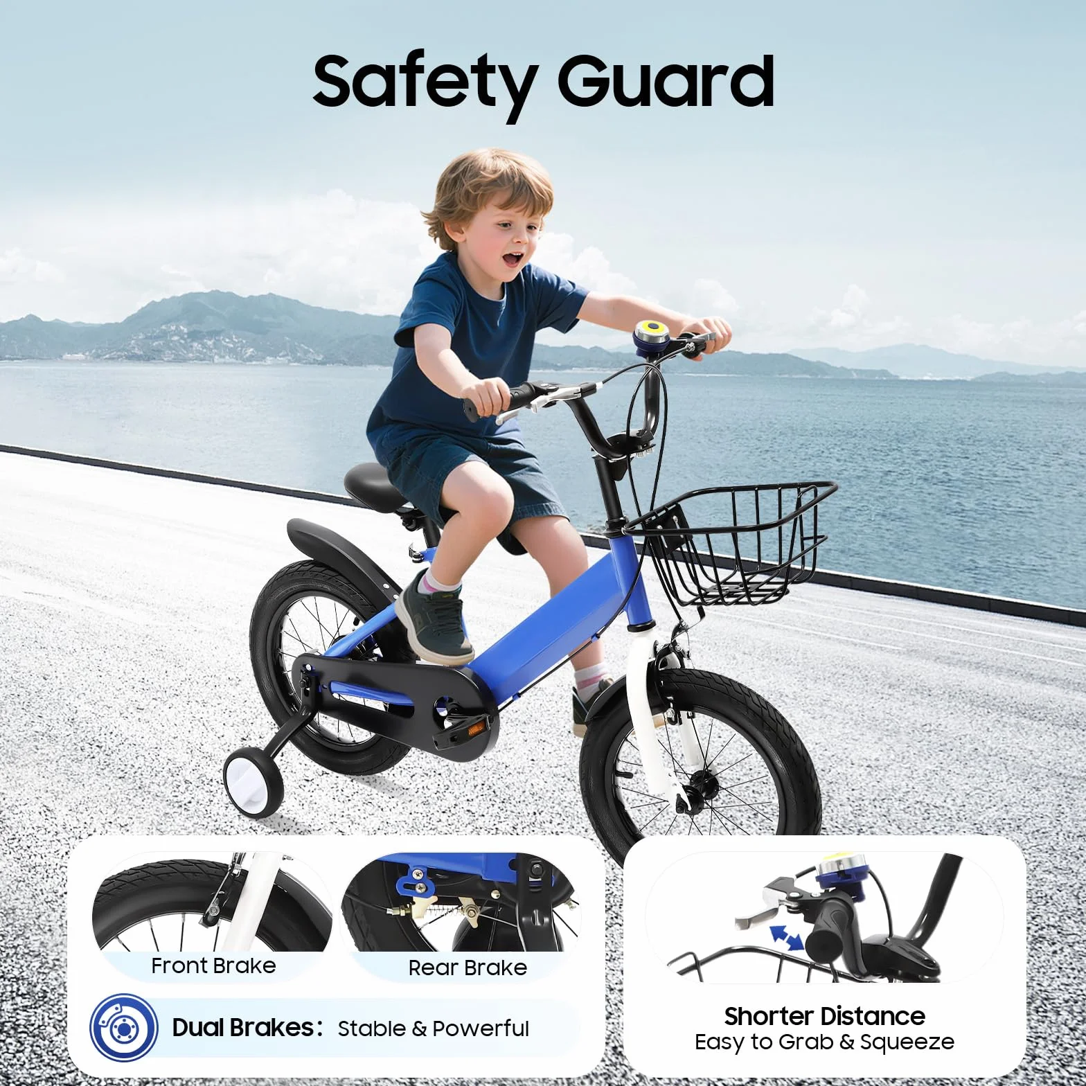Kinderfahrrad 14 Zoll, Kinderfahrrad ab 3 Jahre, Kinder Fahrrad mit Doppelbremse, 35kg Tragkraft und Sitz Verstellbar, Korb und Stützräder, Kinderfahrrad für Jungen und Mädchen (Blau)
