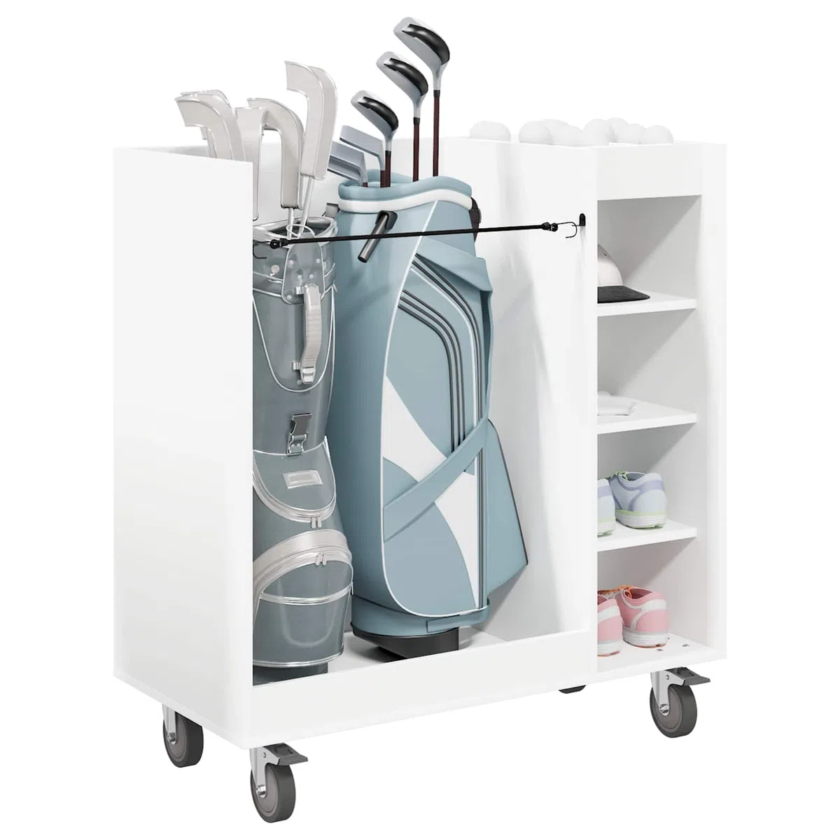 Gecheer Golf Schrank, Holz Schrank mit Rad 90 x 45 x 98 cm weiß, freistehende Regale, Metallrückwand, Stauraum für Garage, Haushalt, Golfzubehör