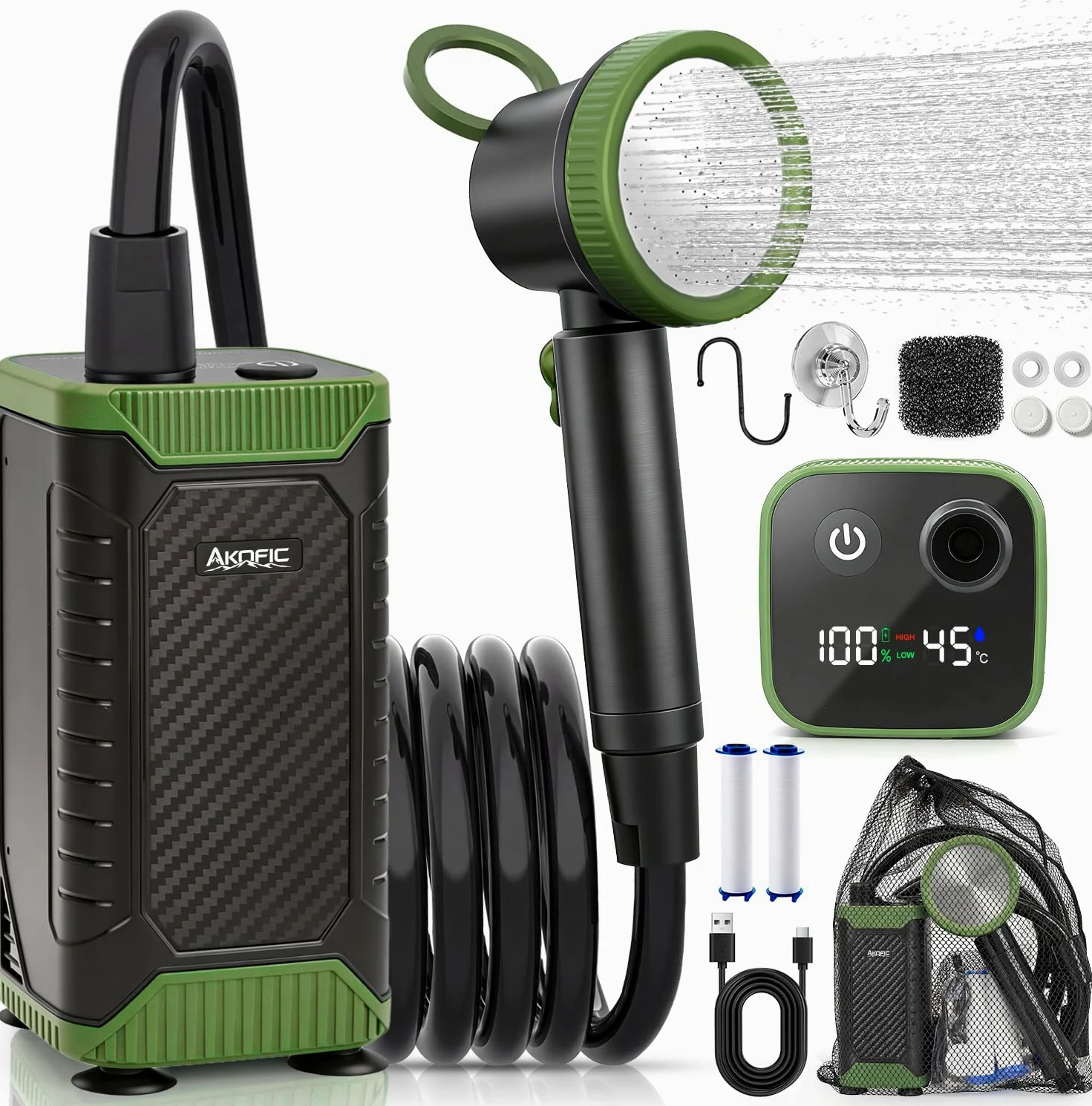 Campingdusche mit Pumpe, 8000mAh Camping Dusche mit Akku und Intelligenter Digitalanzeige, Tragbare Outdoor Mobile Dusche Set mit Duschkopf und 2m Schlauch für Camping Reisen Garten Autowaschen