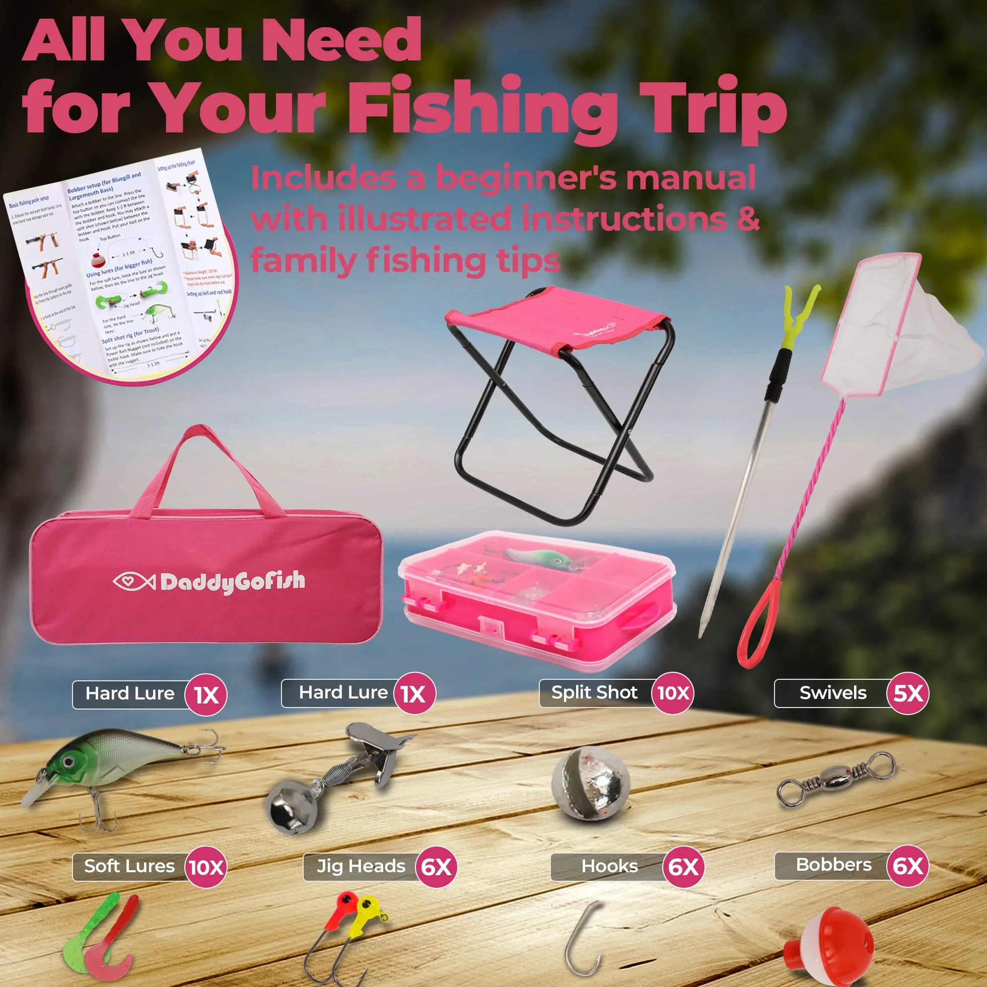 DaddyGoFish Kinder Angelset - Teleskoprute & Rolle Combo mit Klappstuhl, Rutenhalter, Tackle Box, Ködernetz und Tragetasche für Jungen und Mädchen