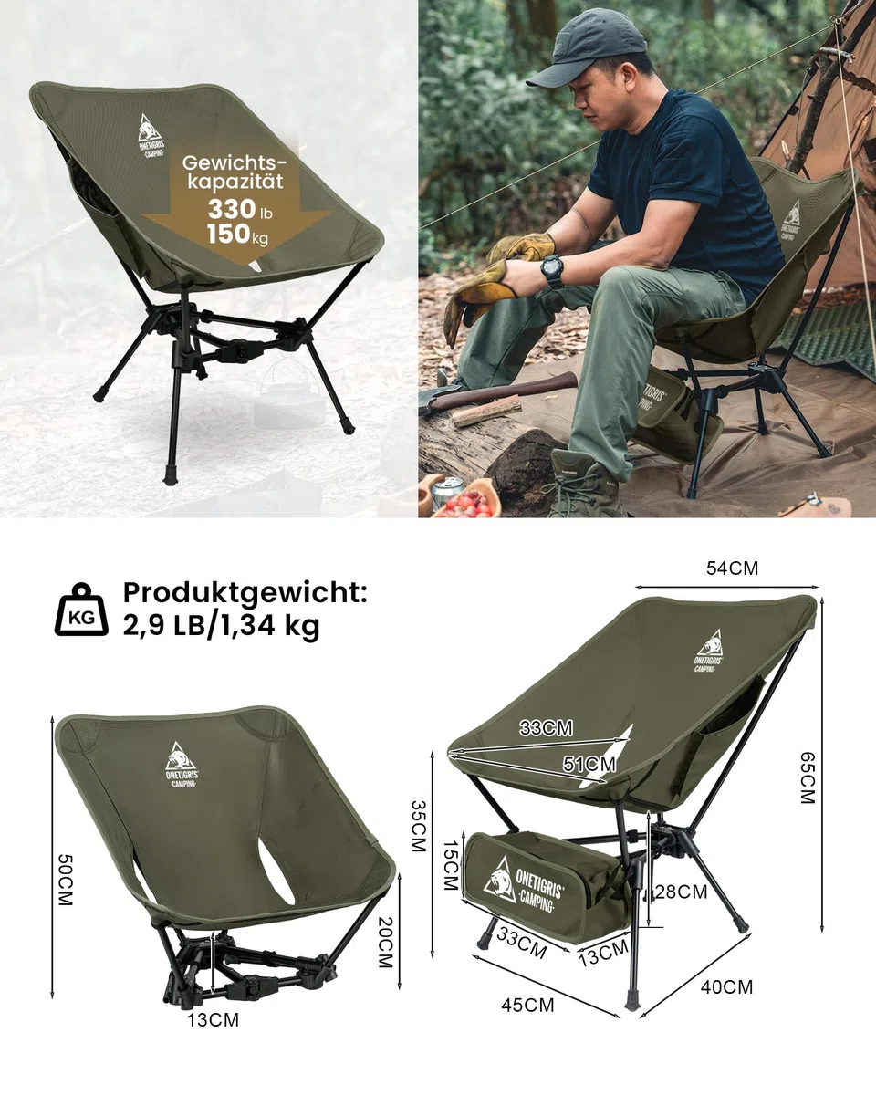 OneTigris TIGERBLADE Campingstuhl faltbar 150 kg, Klappstuhl Camping leicht Dreiecksrahmen, Faltstuhl Ultraleicht, mit 2 Seitentaschen für Outdoor, Wandern