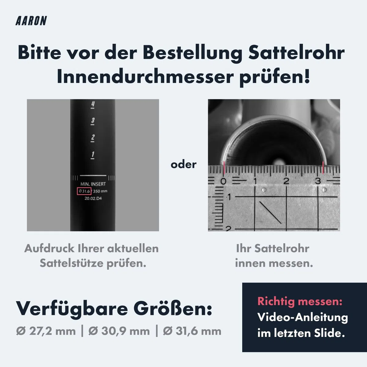 AARON Shock Federsattelstütze mit 27,2, 30,9 oder 31,6 mm Durchmesser - Gefederte Aluminium Sattelstütze mit 350mm Länge - Fahrrad Sattelstütze gefedert für E-Bike, MTB, Downhill, Trekking Citybike