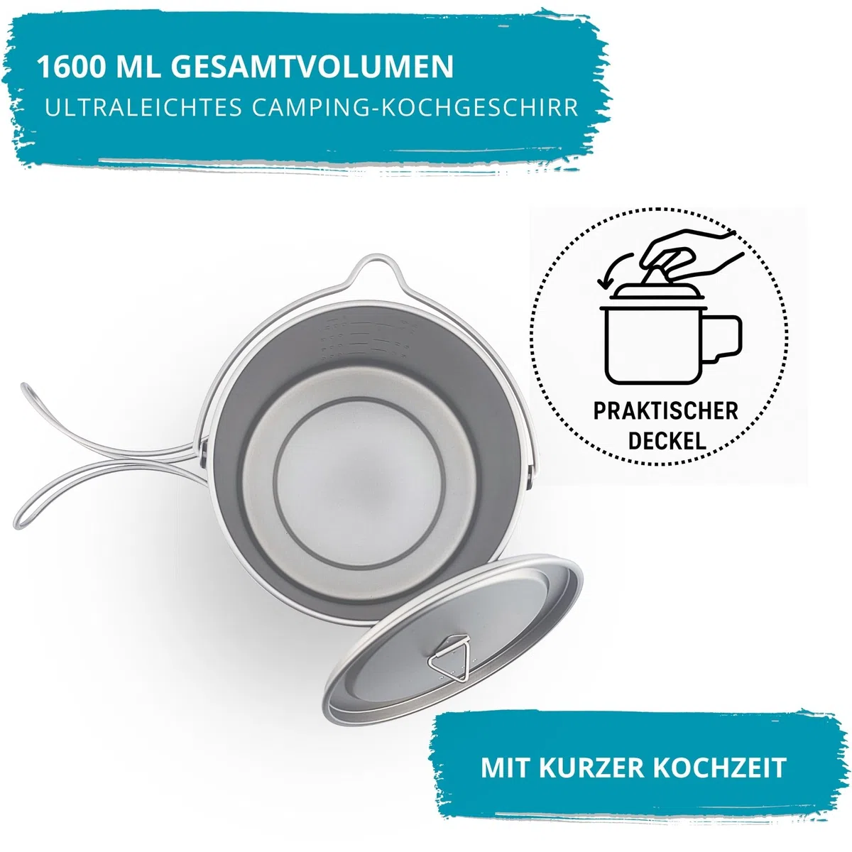 Titan Topf 1600 ml – ultraleichtes Camping Kochgeschirr, robuster Outdoor Kochtopf mit faltbaren Griffen für Trekking, Bushcraft & Reisen mit Beutel