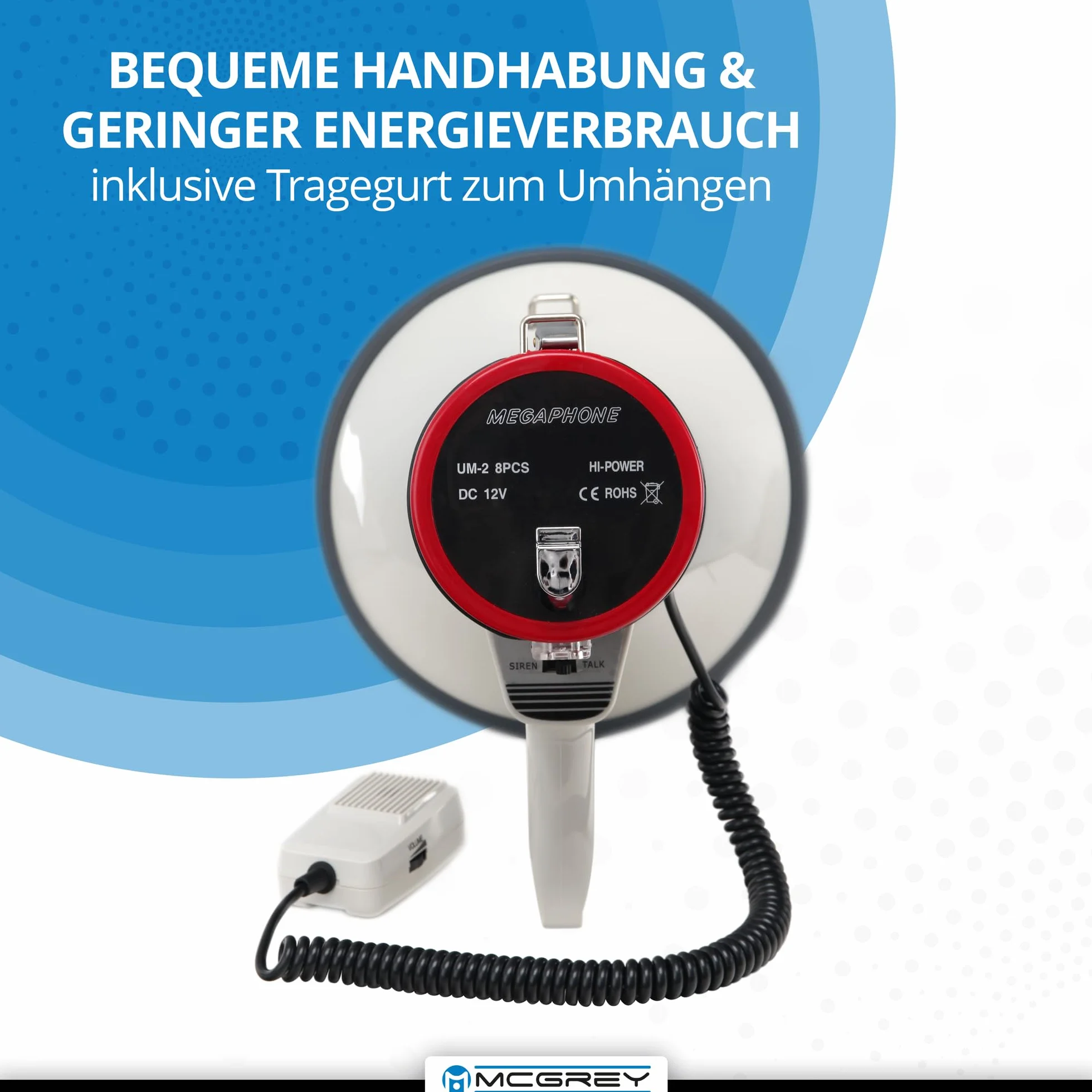 McGrey MP-500HS Megaphon (Sprachrohr, 25 Watt RMS/80 Watt MAX, bis zu 1000m Reichweite, Handmikrofon, Sirene, batteriebetrieben) weiß/rot