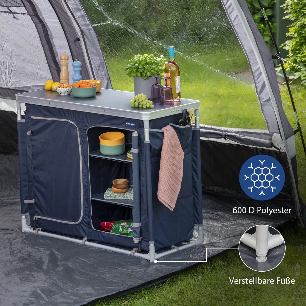 Campart Camping Küche Bilbao – 2 Fächer mit je 3 Ablagen – 4 Seitentaschen – 4 verstellbare Füße – Inklusive Tragetasche – Blau – KI-0411, Anthrazit