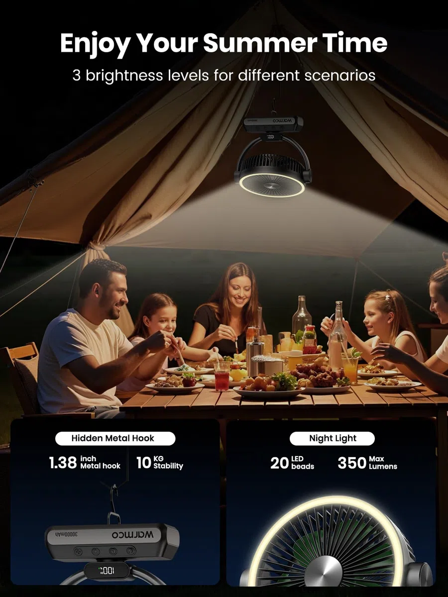 Warmco Tragbarer Campingventilator, 30.000 mAh, 17,8 cm, wiederaufladbar, batteriebetrieben, mit Licht und Haken, 5 Geschwindigkeiten und LED-Display, ideal für drinnen, draußen, Zelt, Reisen, Grillen