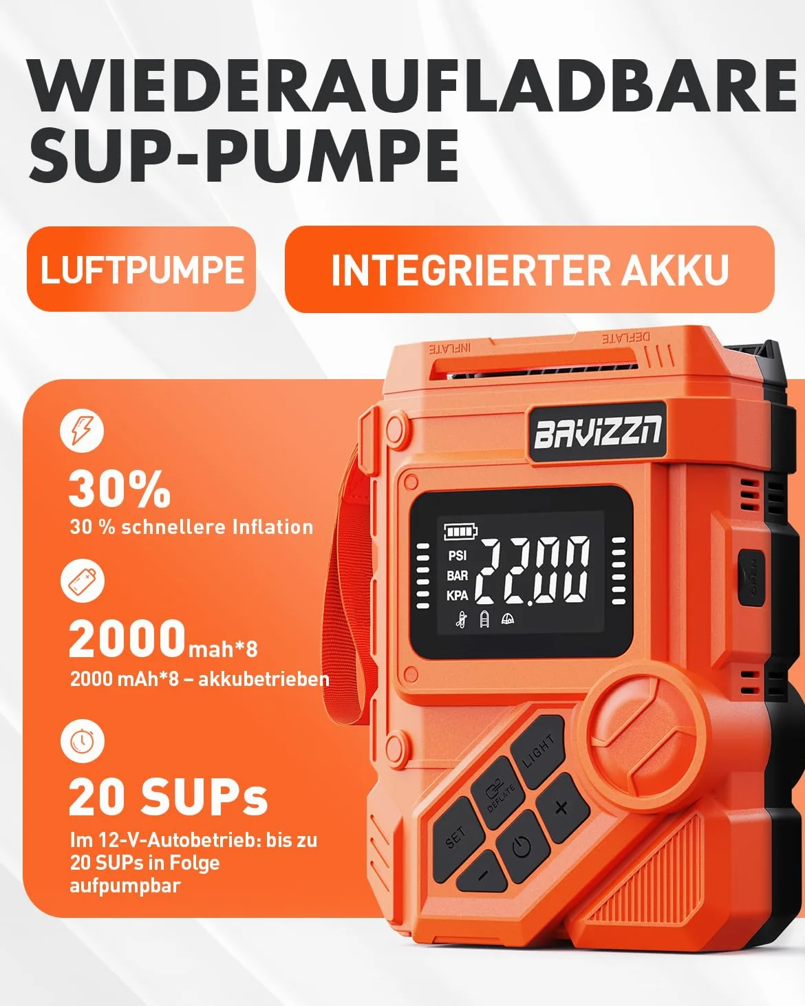 22PSI Elektrische Sup pumpe Mit Akku 12VDC Sup Elektrische Pumpe | Stand Up Paddle Pumpe Elektrisch Akku 59.2WH 45W Typ-C-Anschluss Inflator & Deflator für Paddle-Board,Boot,Kayaks,Wassersport