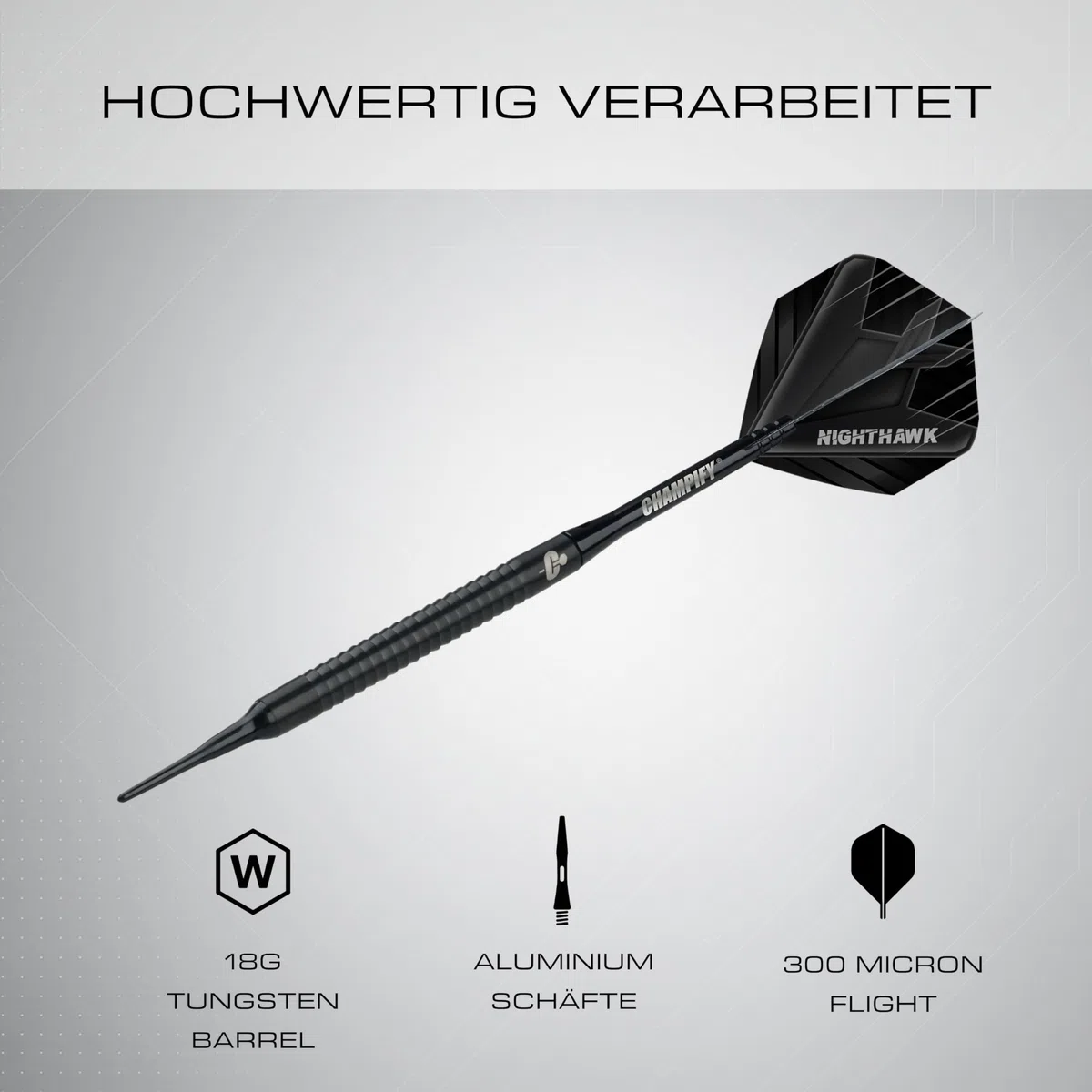 Champify® 18g Tungsten Soft-Darts Set “Nighthawk” mit Kunststoff-Spitze und schwarzer Darttasche | 3 Darts mit 9 Alu-Schäften & 9 Flights & 30 Softdart-Spitzen | Dartpfeile mit Plastik-Spitzen