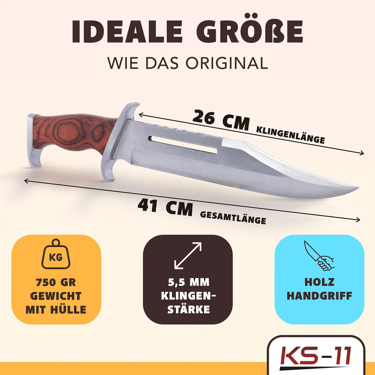 KS-11 Bärentöter im Stil von Rambo III Messer - First Blood Part 3 - Outdoor - Survival - Jagd - Holzgriff - FullTang Mega Kult Bushcraft Messer mit Lederscheide