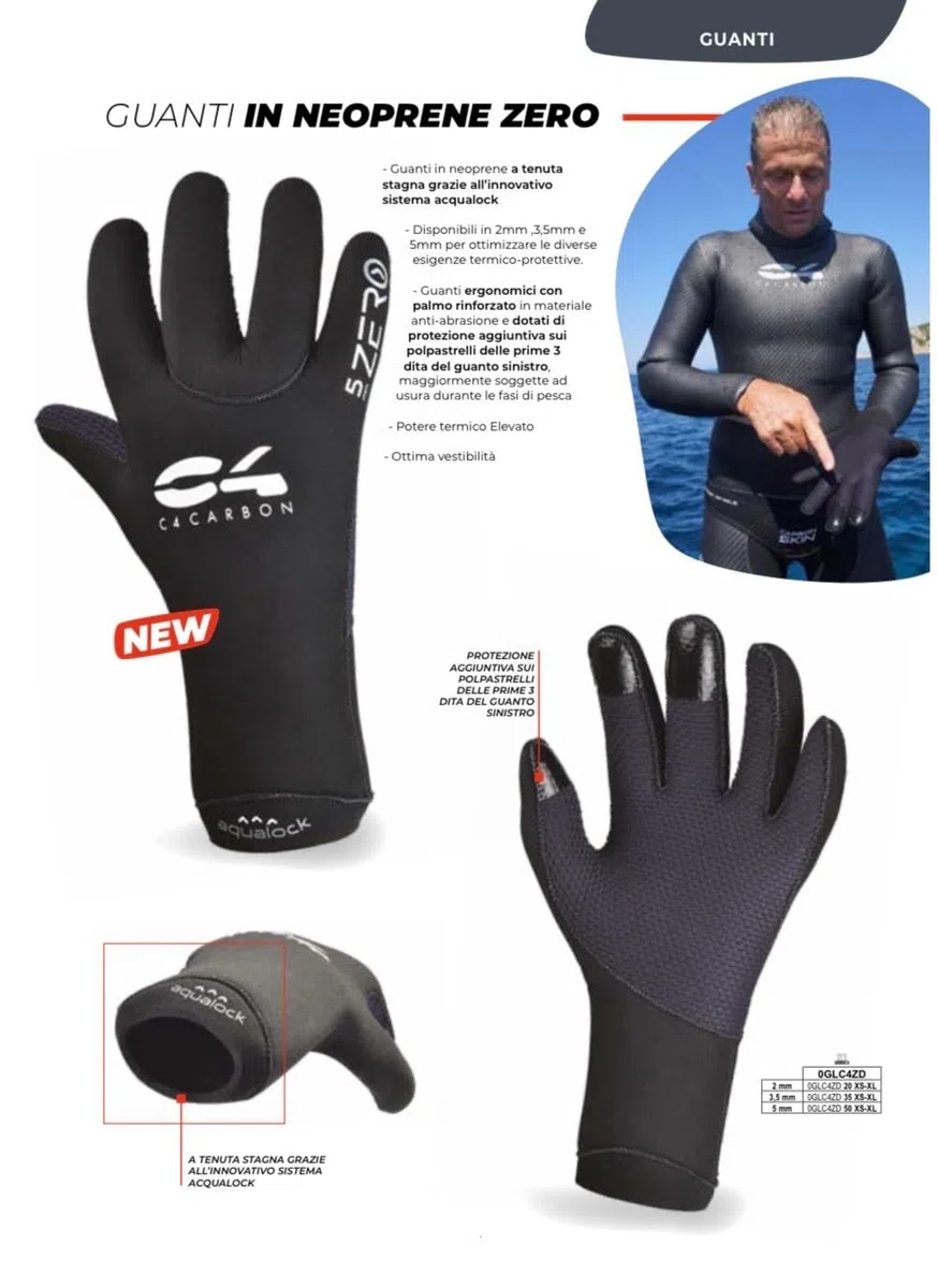 C4 Zero Dry Neopren-Handschuhe, 2 mm, 3,5 mm, 5 mm, Unterwasserfischen