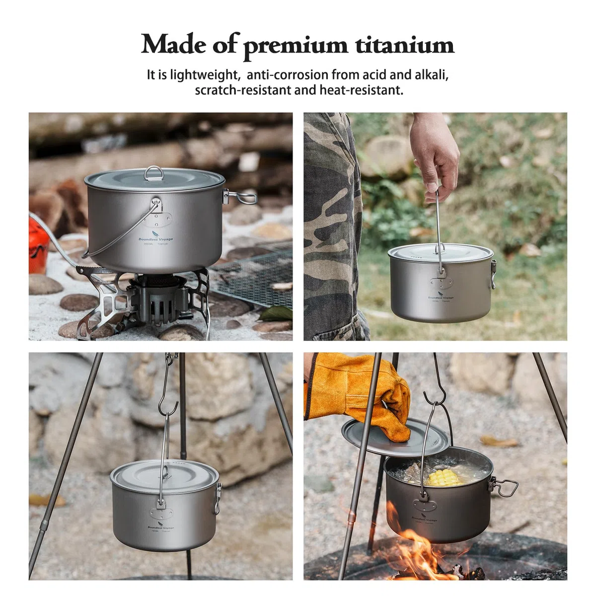 Boundless Voyage Titan Topf 1,3L / 1,95L / 2,9L Camping Topf mit Deckel Outdoor Leichte Suppentopf Lagerfeuer Hängetopf Kochgeschirr Wandern Schüssel Geschirr Tragbares Küchenutensilien