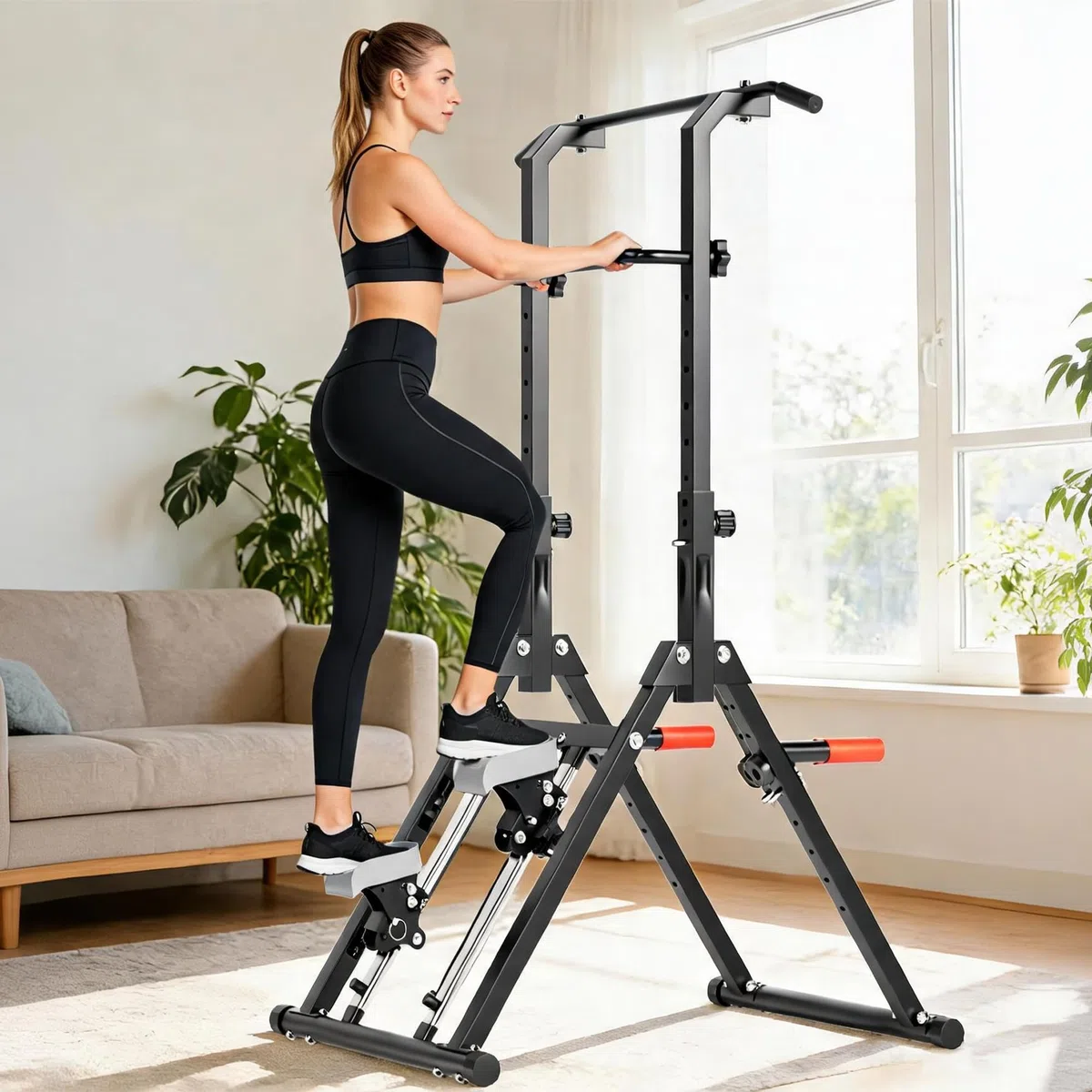 Höhenverstellbare Kraftstation Multistation mit Klettertrainer, Fitnessturm Klimmzugturm mit Stepper, 150kg Traglast Dip Station Klimmzugstation Sportgerät Heimtraining, 77,5×126×159–208cm