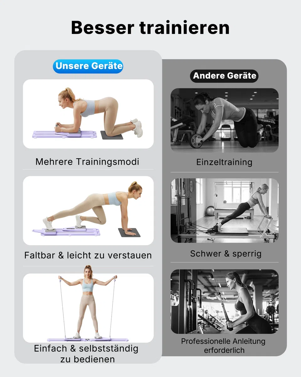 MERACH Pilates Reformer – Pilates Board Multifunktions Reformer für Pilates mit Widerstandsbändern zählen und Kniepolster, 120 KG klappbar, Fitnessgeräte für Zuhause Bauchtrainer für Zuhause