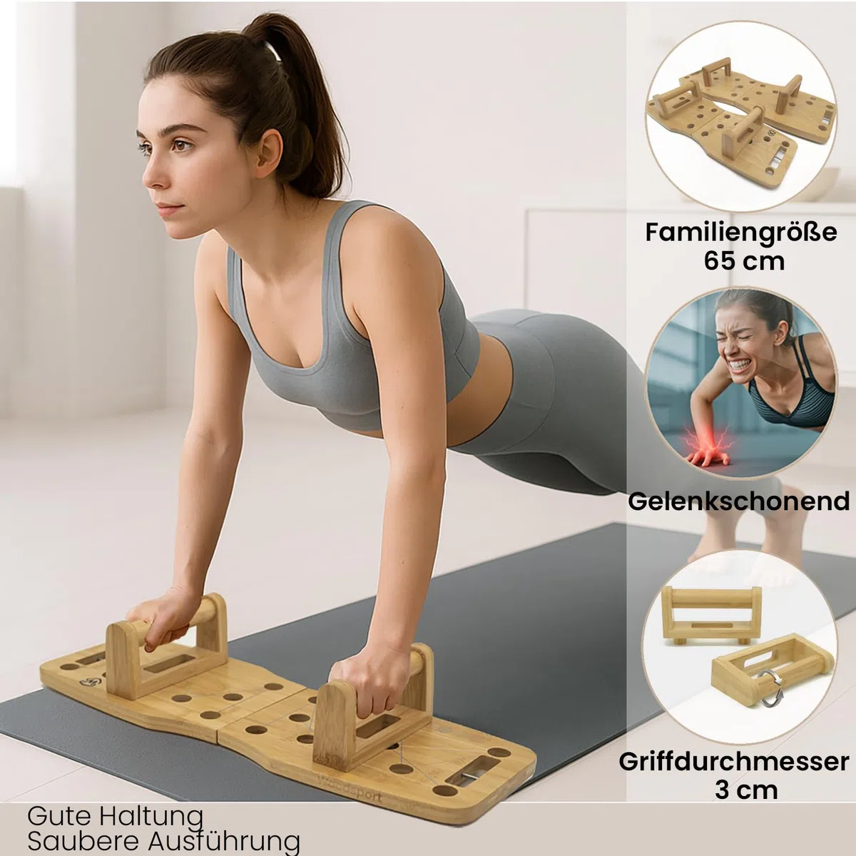 Amplitude – Premium Liegestützbrett/Push up Board aus Holz für Home gym – Klappbares Fitnessgerät für Zuhause – inkl. resistance bands + 30-in-1 Trainingsanleitung