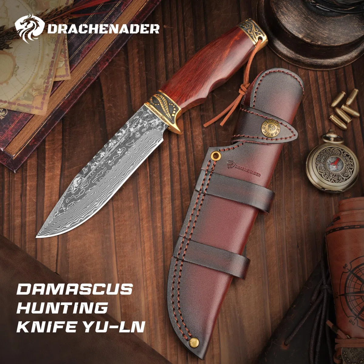 DRACHENADER Jagdmesser – 67 Lagen Vg10 Damaststahl, Handgeschmiedet, 14,7 cm Feststehende Klinge Messer, Outdoor Survival Gürtelmesser mit Lederscheide und Holzgriff (B- Damast Stahl Klinge)