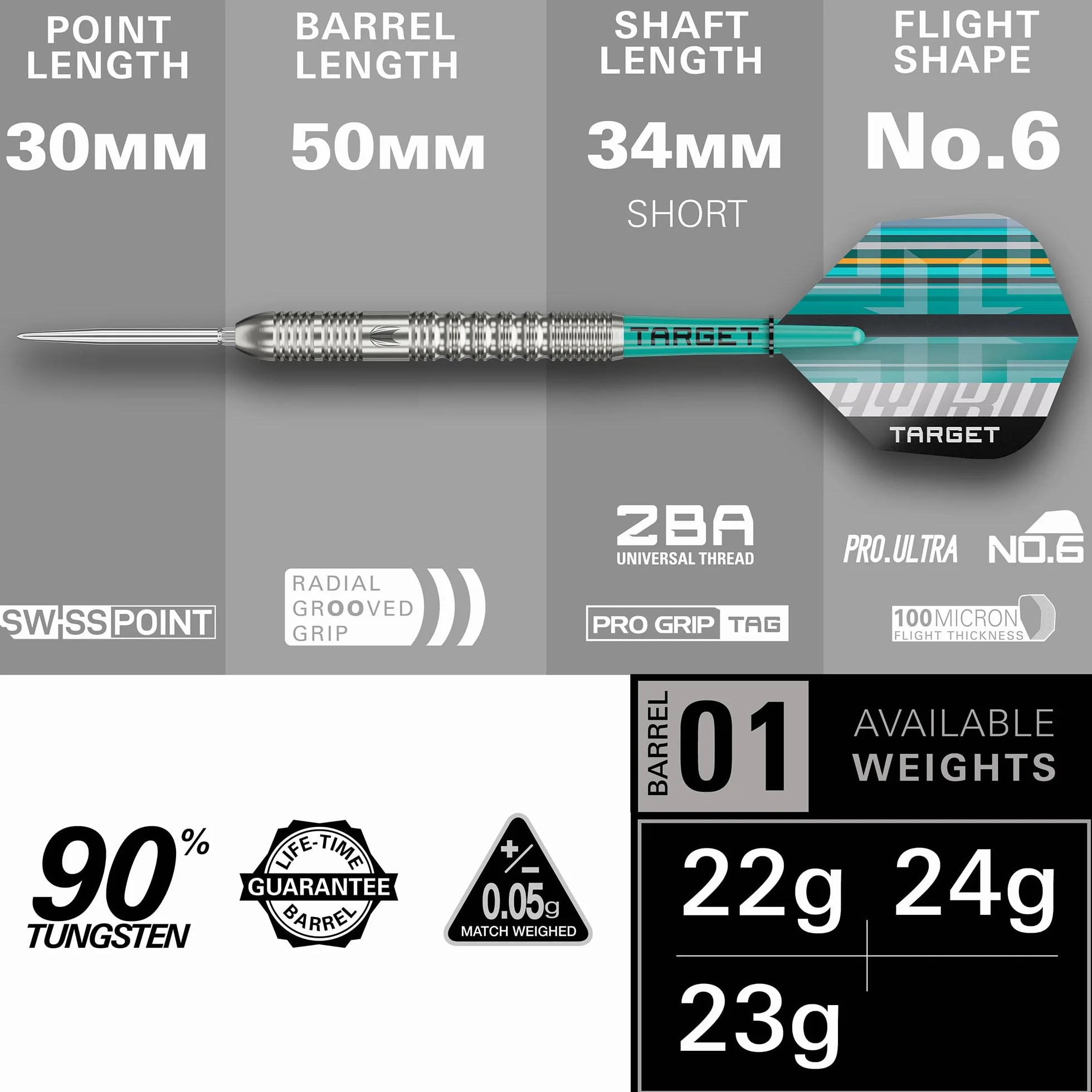 Target Darts Hydro Steel Tip Dart Set 21G/22G/23G/24G/25G/26G (Barrel 01/02/03) | 90 % Wolfram-Darts, Silberne Swiss Point-Spitzen, Pro Grip Tag-Schäfte, Pro Ultra No.6-Flügel, SP-Werkzeug inkl