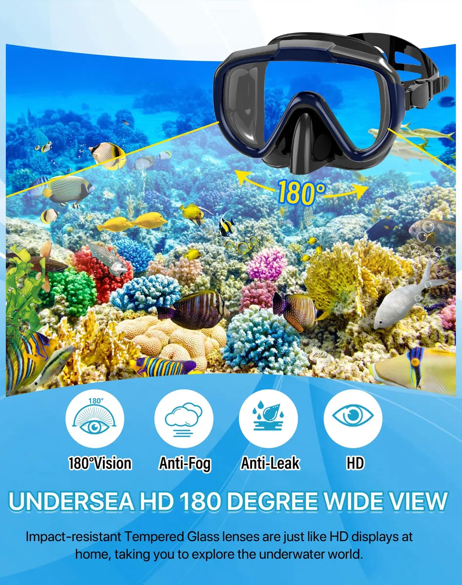 Ubekezele Schnorchelausrüstung für Erwachsene, Männer und Frauen, 4-in-1-Schnorchel-Set mit Panoramablick, Tauchmaske, Anti-Beschlag, Anti-Auslauf, Dry Top Schnorchel, Flossen und Reisetasche zum