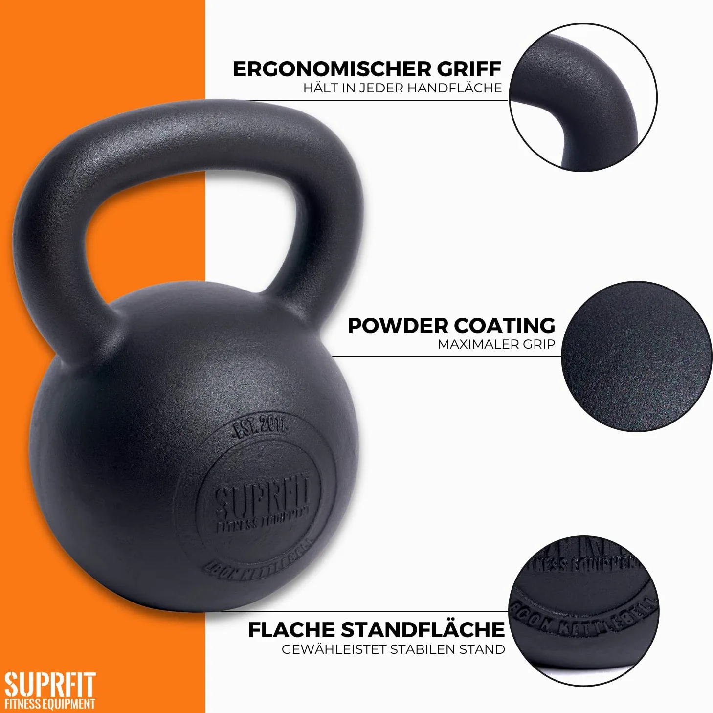 SUPRFIT Econ Kettlebells - Pulverbeschichtete Kugelhantel aus Gusseisen für Kraft- & Crosstraining - Ideal zum Reißen, Stoßen & Drücken, Perfekt als Kettlebell Set, Gewicht: 4-48kg, Schwarz lackiert