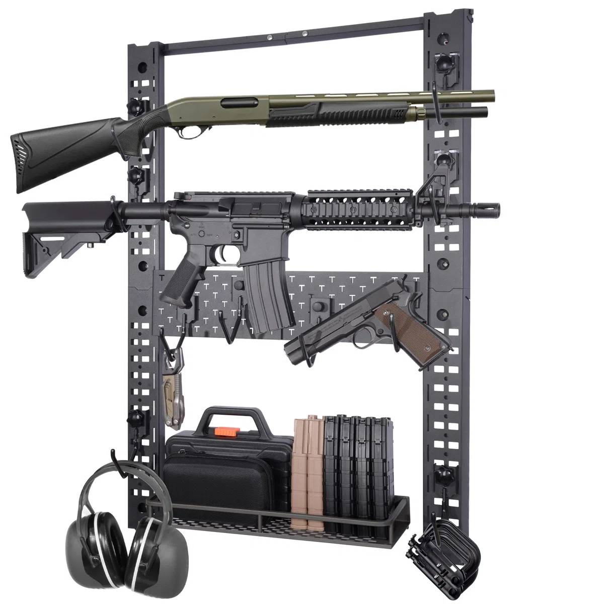 BOOSTEADY Waffenwandhalterung Modulare Gewehrhalter Waffenständer mit 10 J-Haken und Aufbewahrungsfach für bis zu 54 kg, 81,5 x 55,9 cm