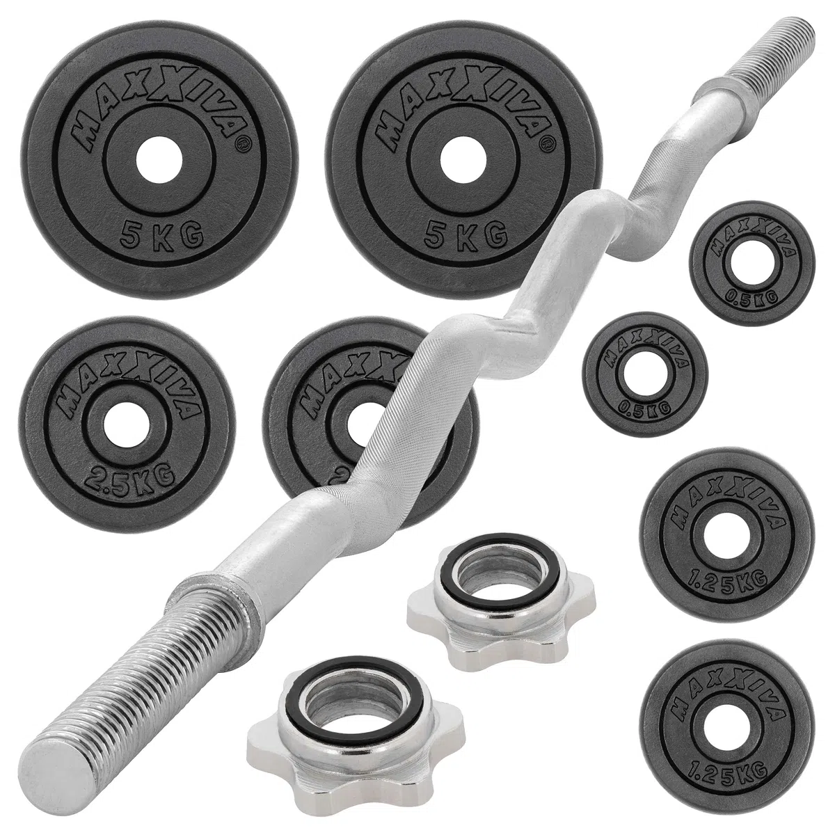 Curl-Set 120 cm 26 kg 8 Gewichte Gusseisen Krafttraining Zugstange silber verchromt Workout Bodybuilding Fitness Sternverschlüsse Gewichtheben
