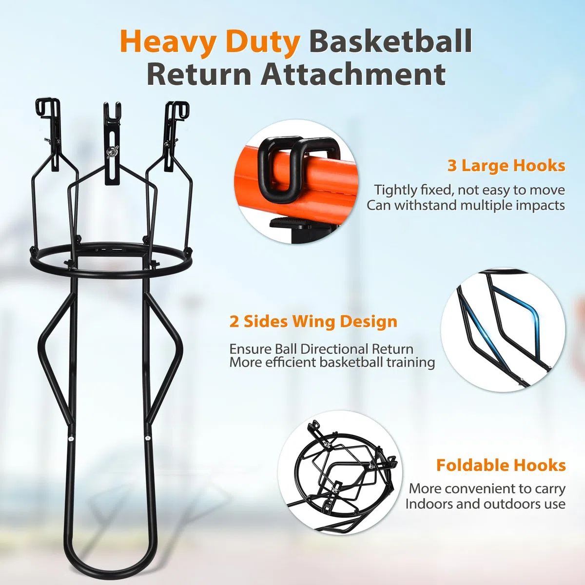 GADFISH Basketball-Rücklaufbefestigung, robuster Basketball-Rebounder mit 3 stabilen großen Haken, langlebiges Basketballzubehör für 45,7 cm Felge, Basketball-Training, Schwarz