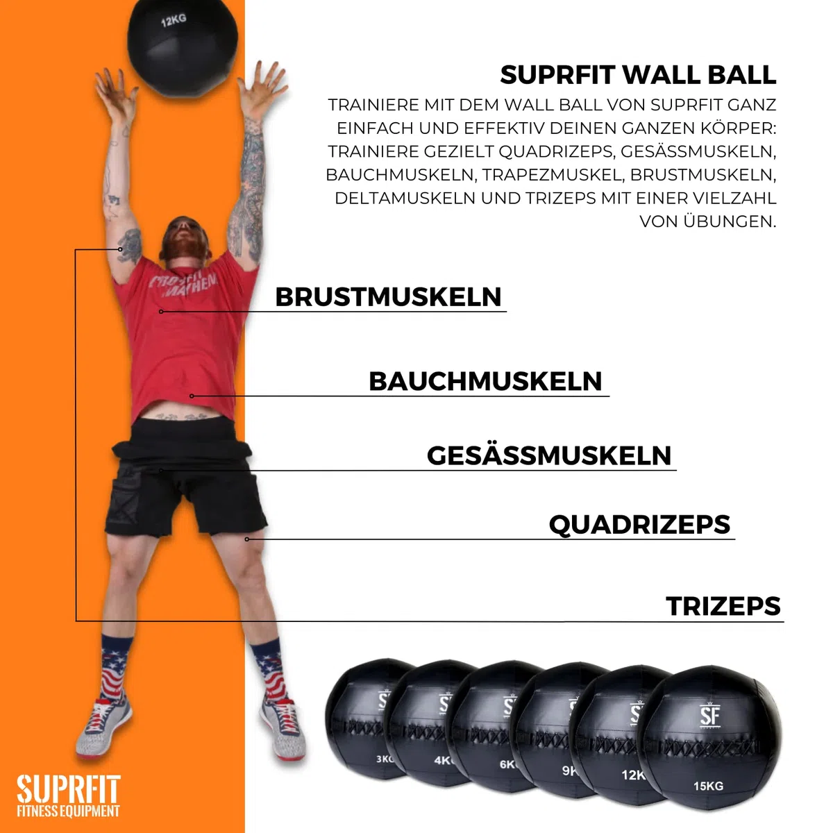 SUPRFIT – Medizinball für Cross- & Functional Training – Wall Ball mit weichem Polster & griffiger PVC-Oberfläche – Gewichtsball zum Training von Explosivkraft, Kondition & Koordination