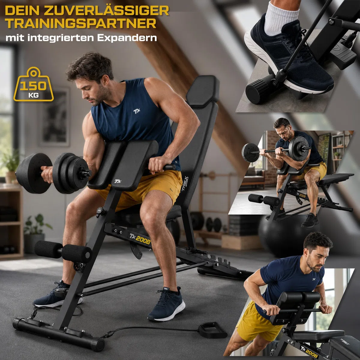 TREX SPORT Hantelbank verstellbar bis 250 kg mit Expander, Curlpult TX-200B | Multifunktions Trainingsbank, Flachbank für Ganzkörper-Workout, 8-Fach Verstellbare Rückenlehne & 3-Fach Verstellbarer Sitz