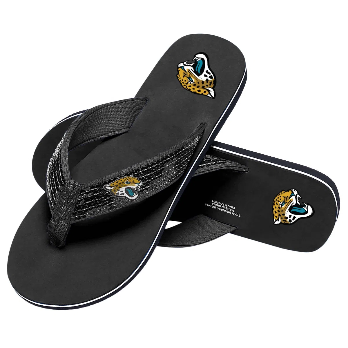 FOCO Womens NFL Team Logo Sequin Strap Sandals Flip Flops